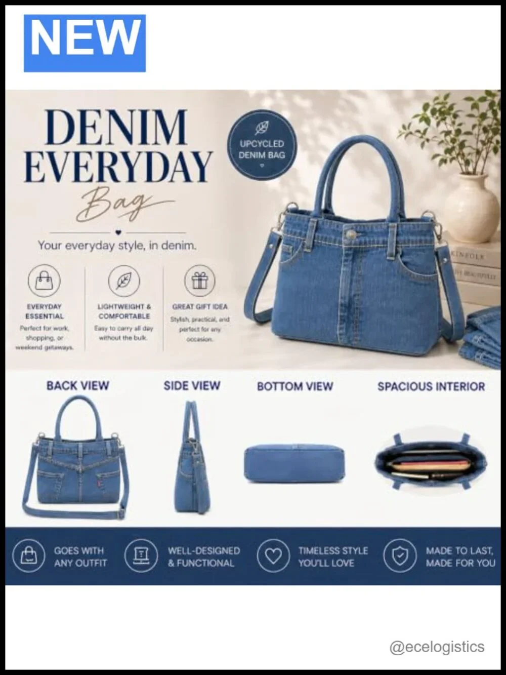 Upcycled Denim Satchel Handbag 3 Compartment Purse Top Handle Shoulder Strap